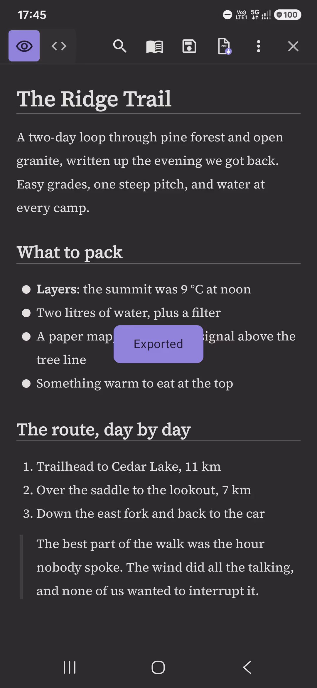 The Ridge Trail note in PilcrowMD with an Exported message after saving it as a PDF.
