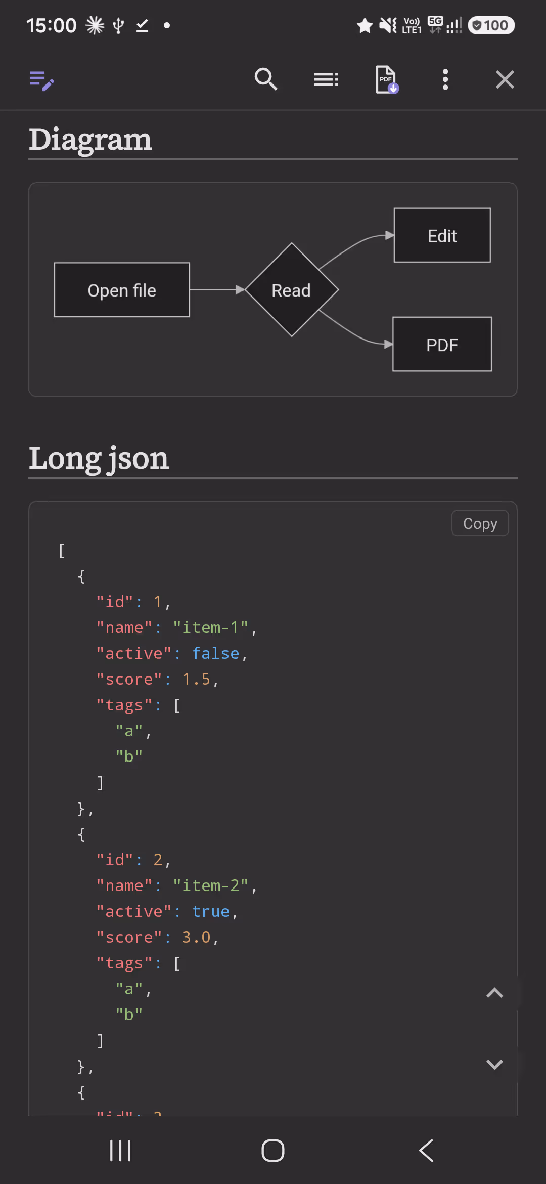 A note in the reader with a heading Diagram and a flowchart below it: a box Open file points to a diamond Read, which points to two boxes, Edit and PDF. Below it starts a heading Long json and a code block.