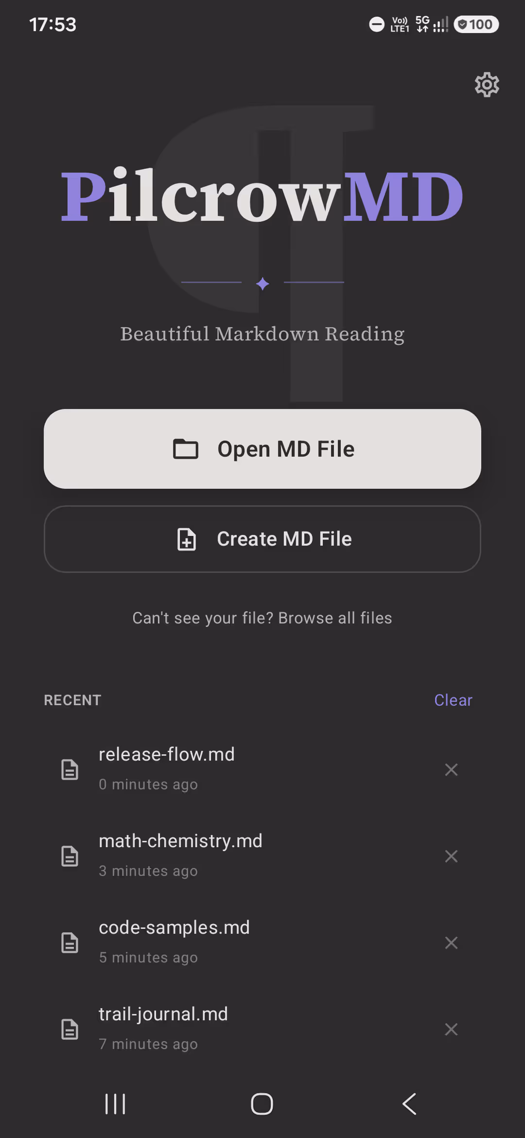 The PilcrowMD start screen with Open MD File and Create MD File buttons and a list of recent files.