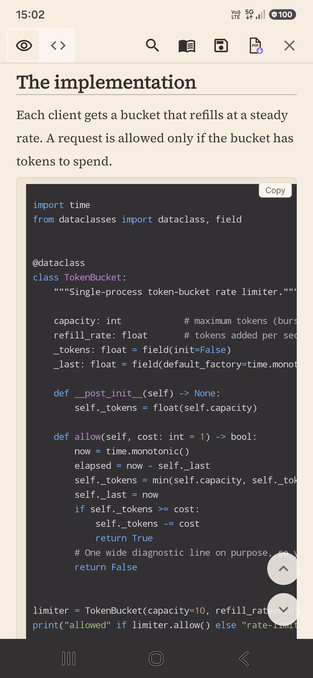 A Markdown document in Pilcrow showing a syntax-highlighted code block and a formatted table.