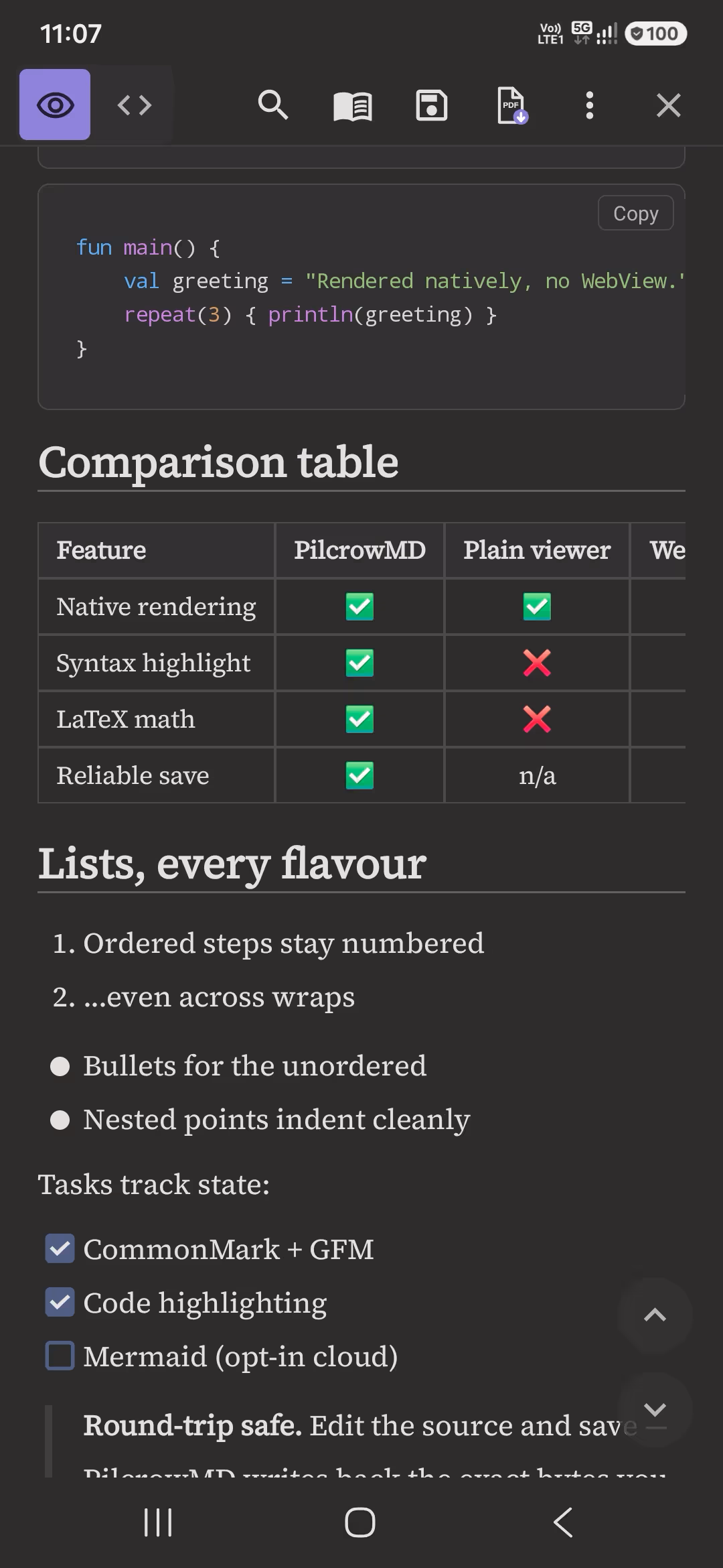 A Markdown document in PilcrowMD showing a syntax-highlighted code block and a formatted table.