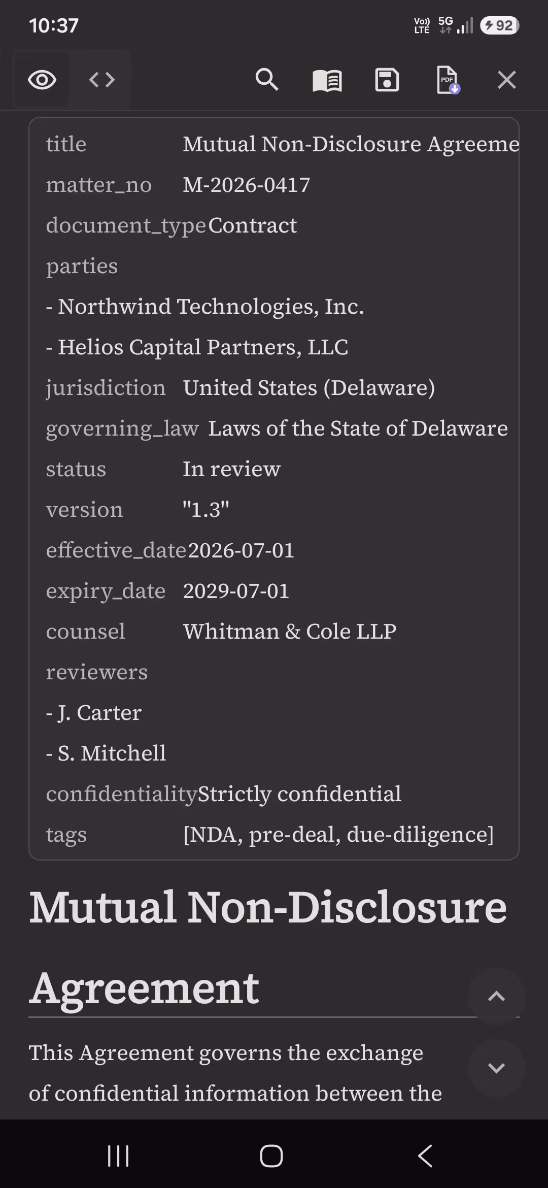 Pilcrow showing YAML front matter at the top of a document rendered as a clean field list.