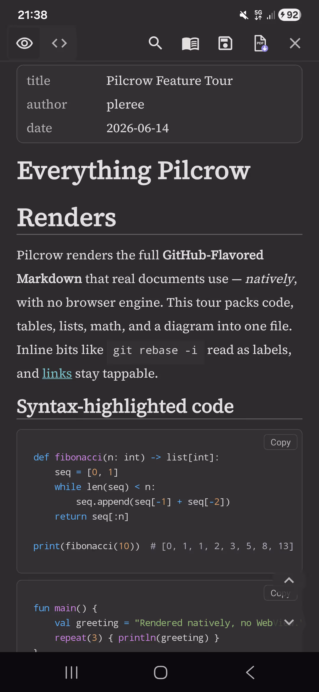 Pilcrow showing a Markdown document rendered in a warm dark theme with serif typography on an Android phone.