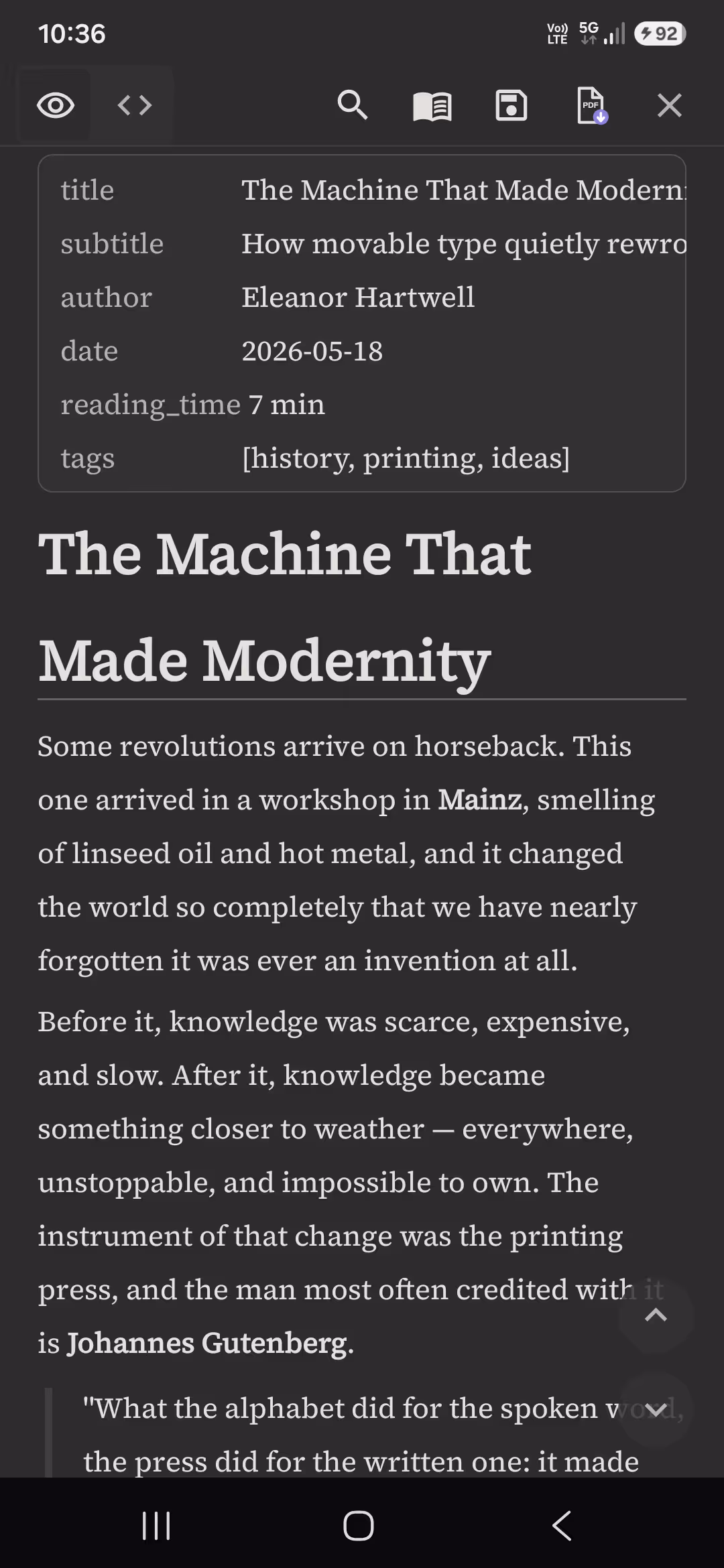 Pilcrow showing a Markdown document rendered in a warm dark theme with serif typography on an Android phone.