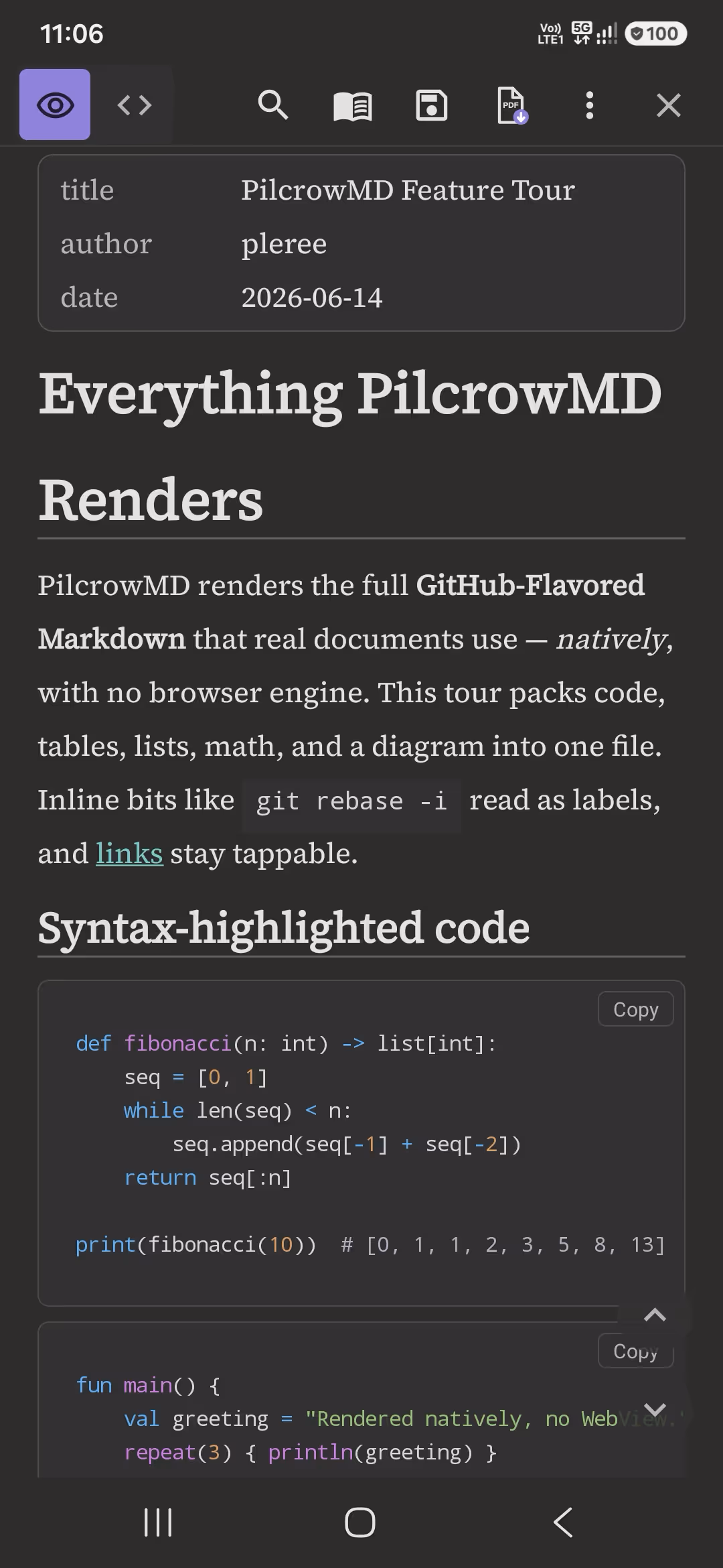 PilcrowMD showing a Markdown document rendered in a warm dark theme with serif typography on an Android phone.