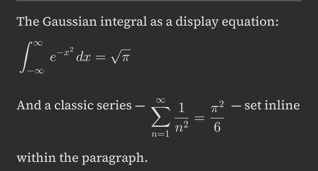 A LaTeX integral and infinite series equation typeset natively in PilcrowMD.