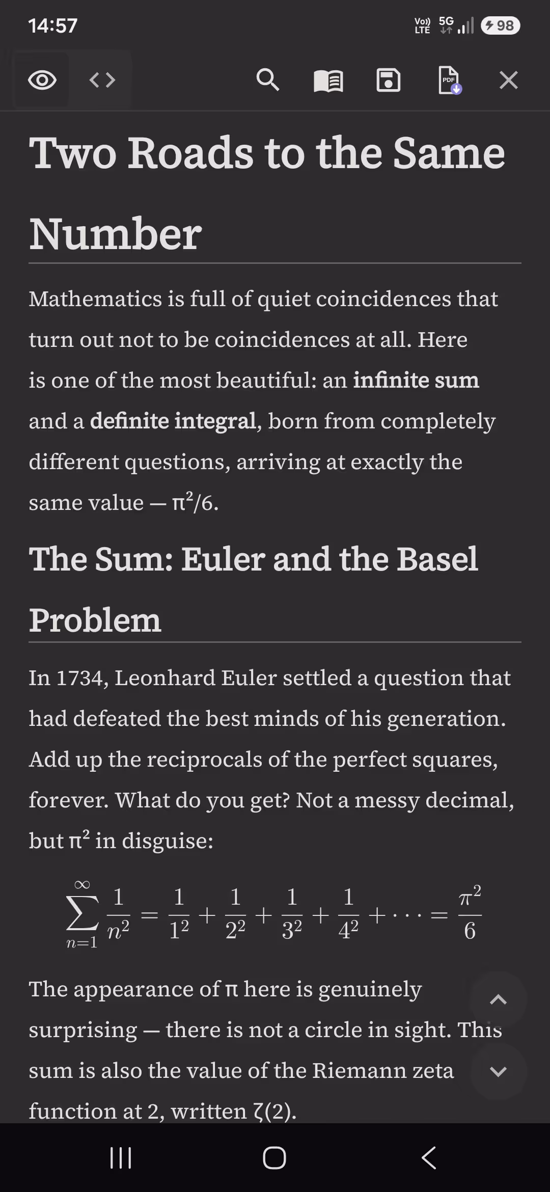 A LaTeX integral and infinite series equation typeset natively in Pilcrow.