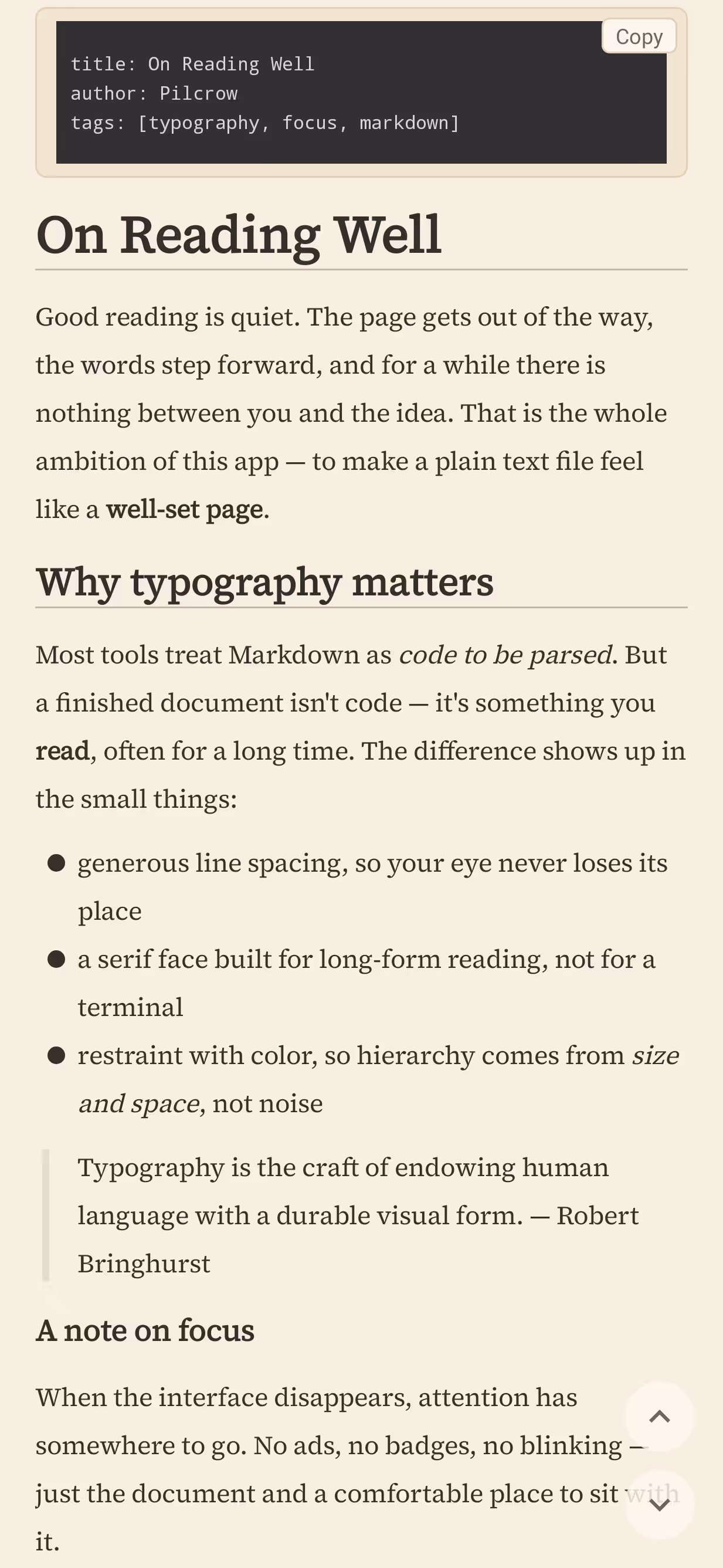 Pilcrow rendering the same Markdown document in a clean warm light theme.