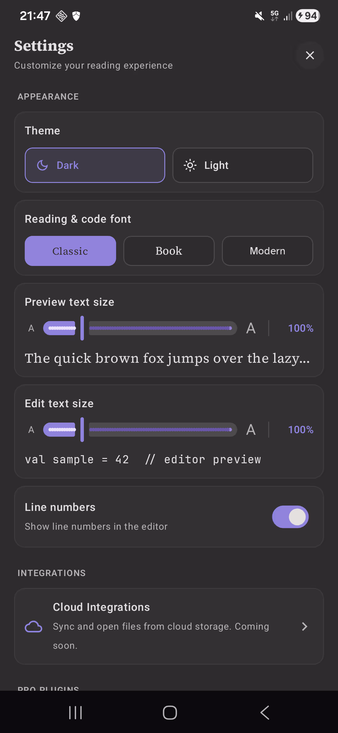 Pilcrow settings screen showing privacy-respecting options with cloud diagram rendering off by default.