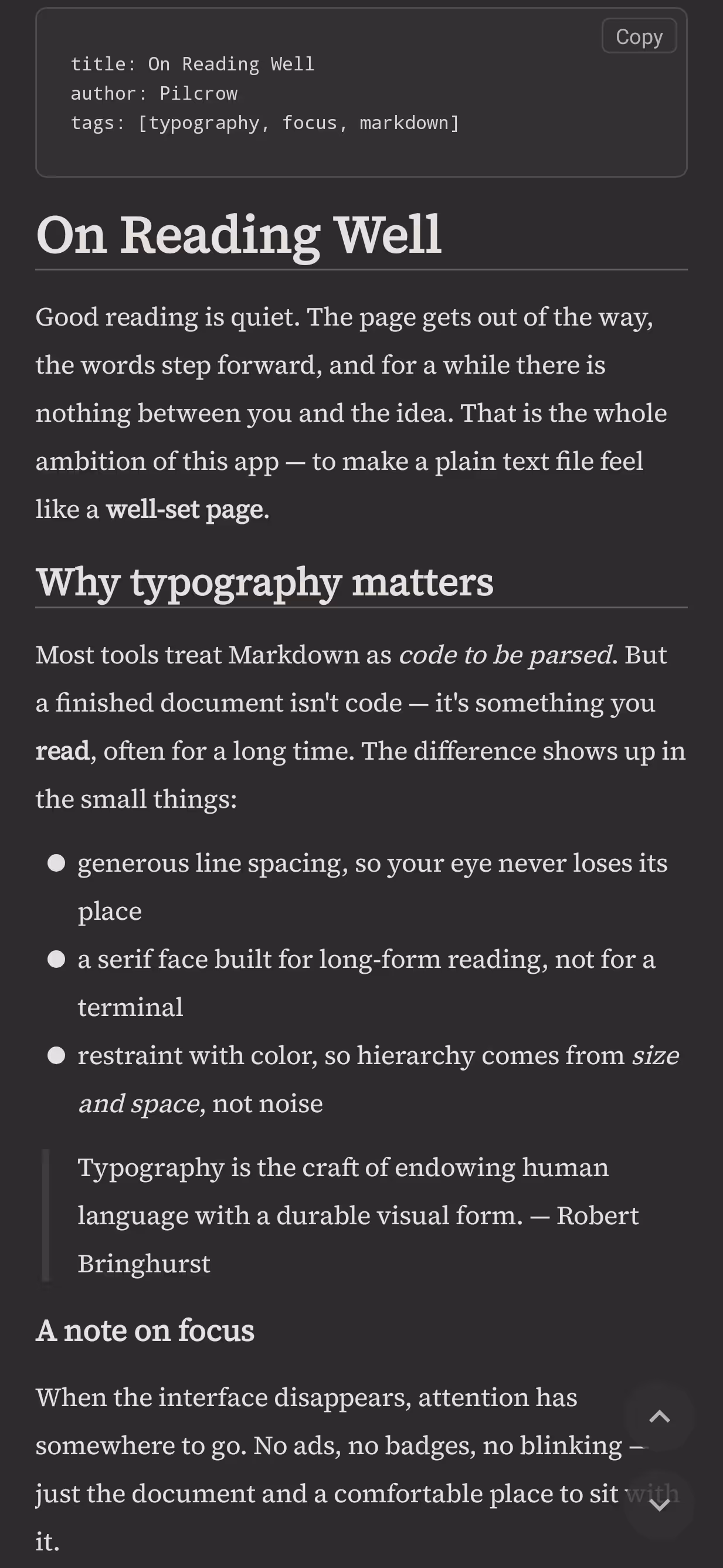 A long Markdown article rendered in Pilcrow with serif headings, body text, and generous spacing.