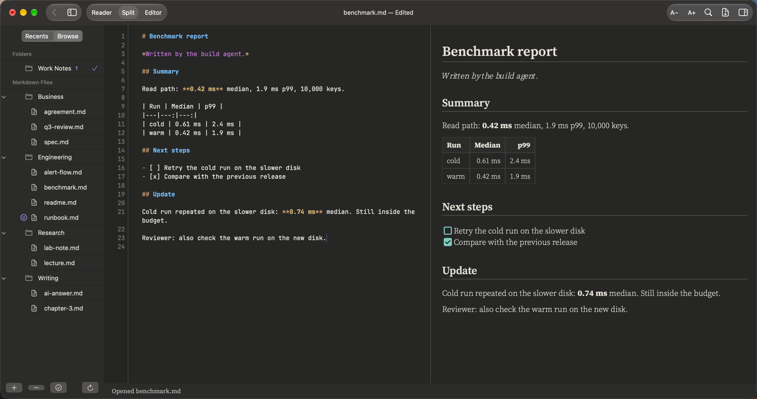 Split view: Markdown on the left, the page on the right.