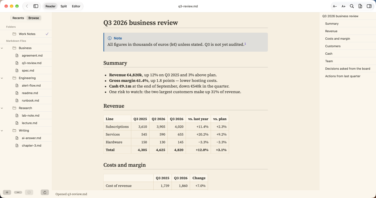 Business: Reports and reviews. Tables with aligned numbers, Light theme for daytime reading.