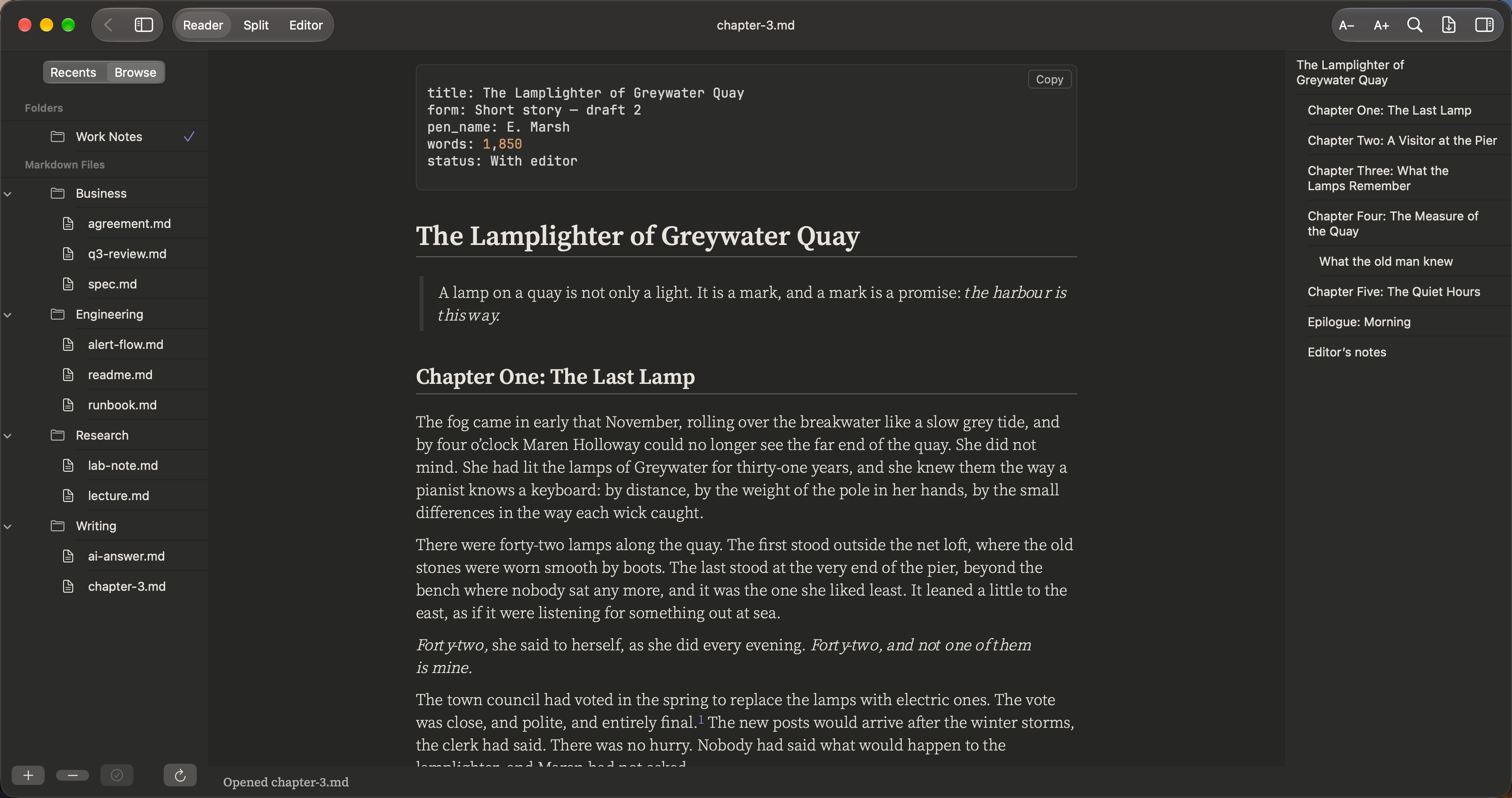 Writers: Stories and long drafts. A calm reading column, three font sets, footnotes you can click.